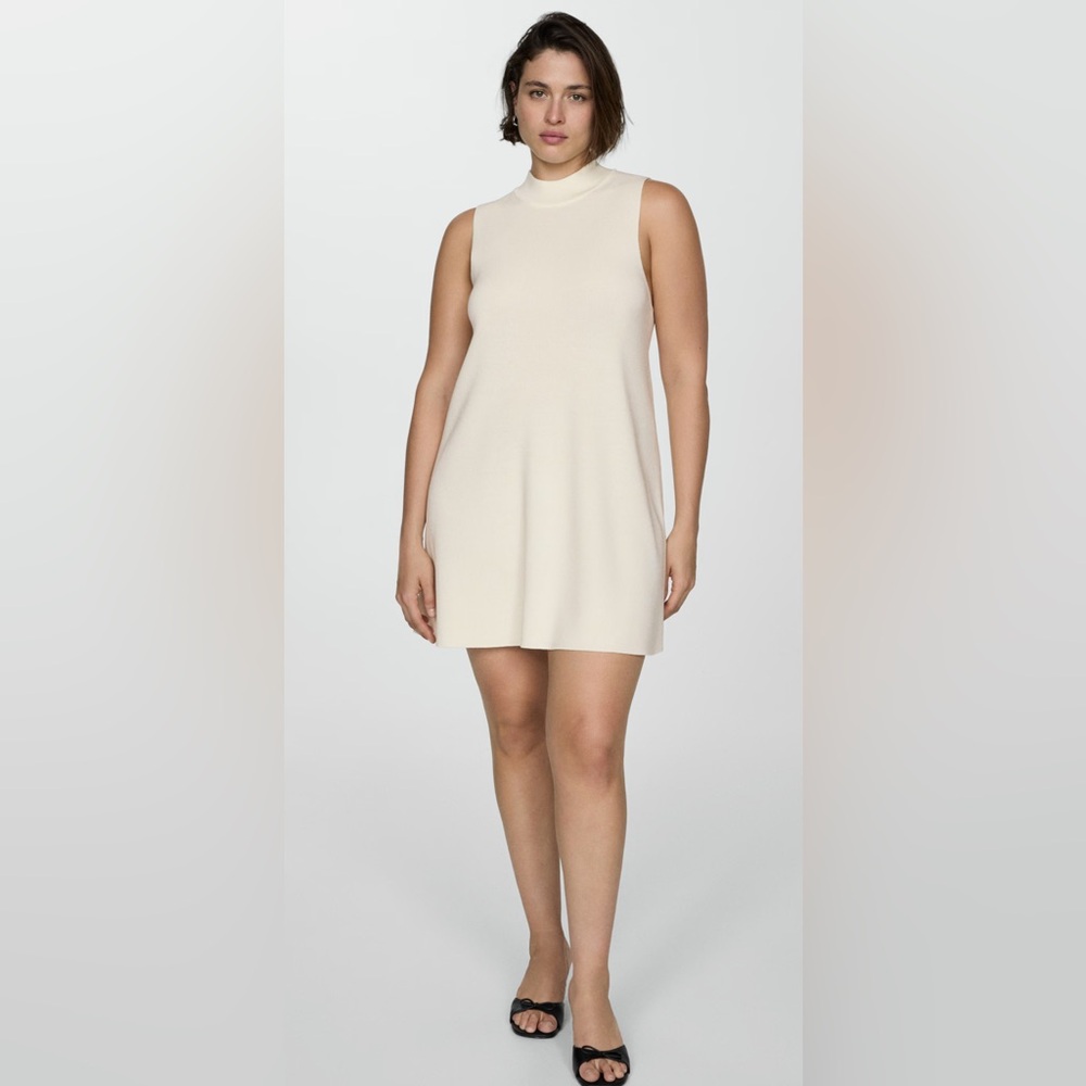 Mango Plus Size Perkins-Neck Knitted Dress Sleeveless Spring Dress Ecru 14 1XL